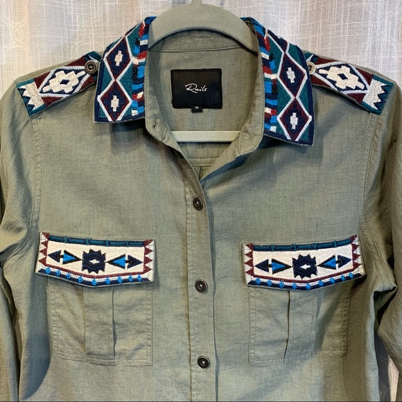 Rails Tops - Rails Shirt women's XS Kona Sage Inca Embroidery Linen Southwestern Boho button